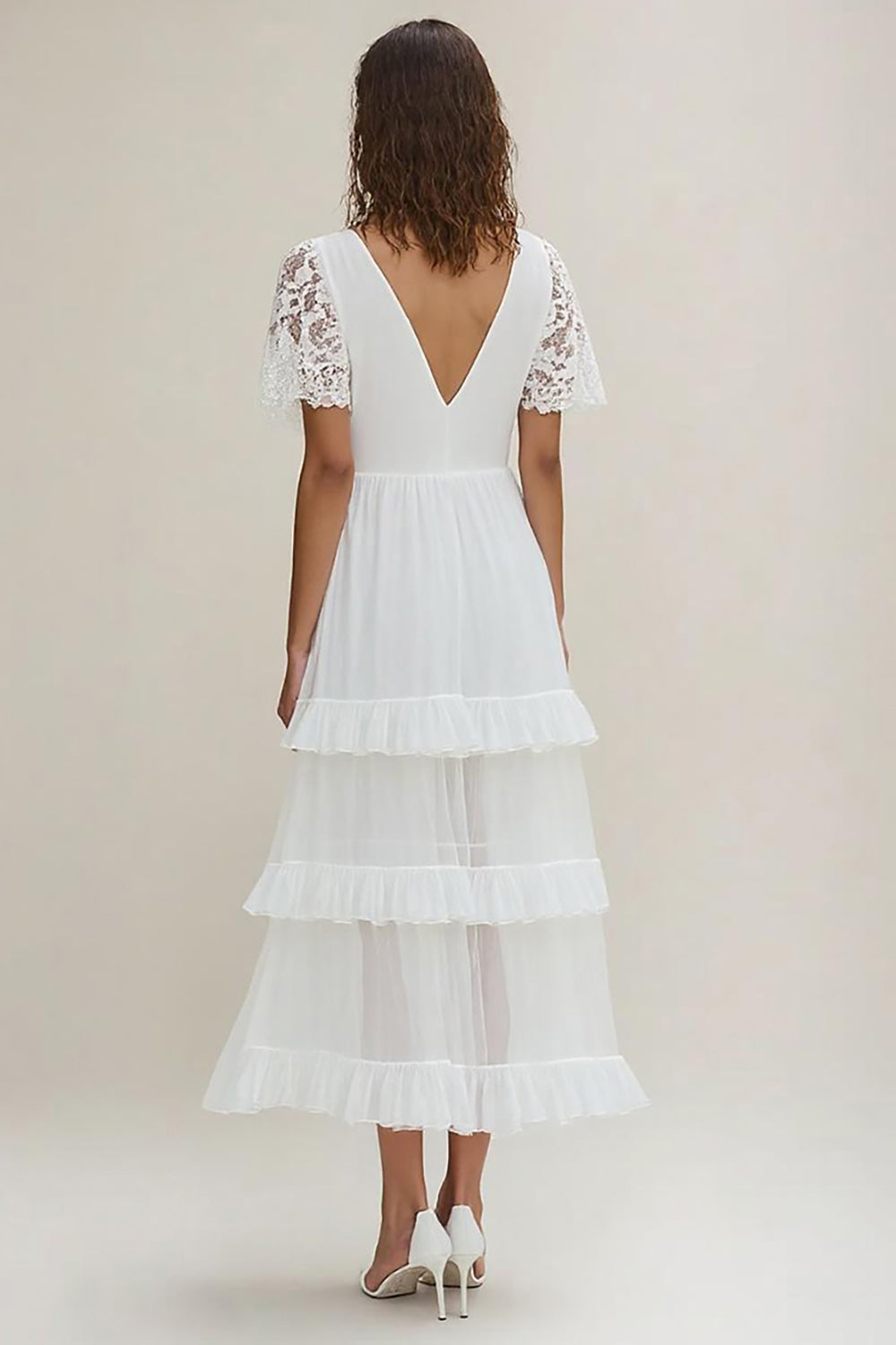 White Chiffon Tiered A Line Long Rehearsal Dinner Dress with Lace Sleeves