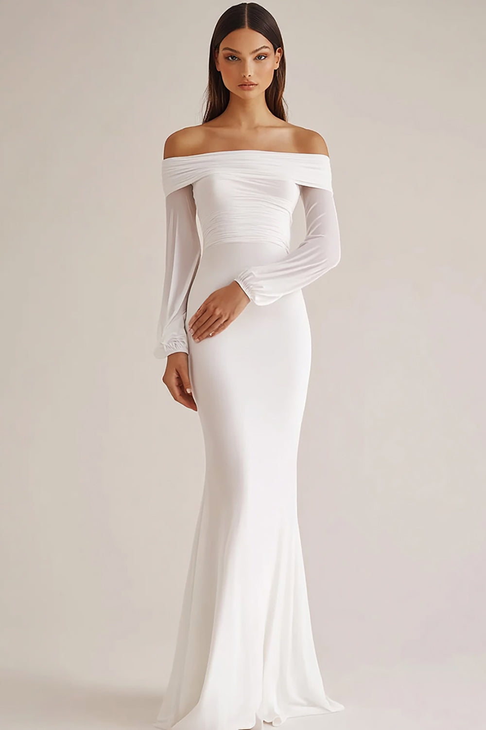 Leely Women White Sheath Chiffon Maxi Rehearsal Dinner Dress with Long Sleeves Off the Shoulder Engagement Dress