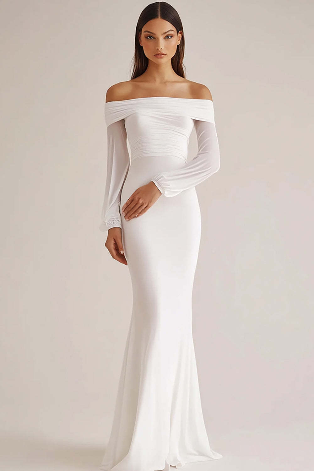 Leely Women White Sheath Chiffon Maxi Rehearsal Dinner Dress with Long Sleeves Off the Shoulder Engagement Dress