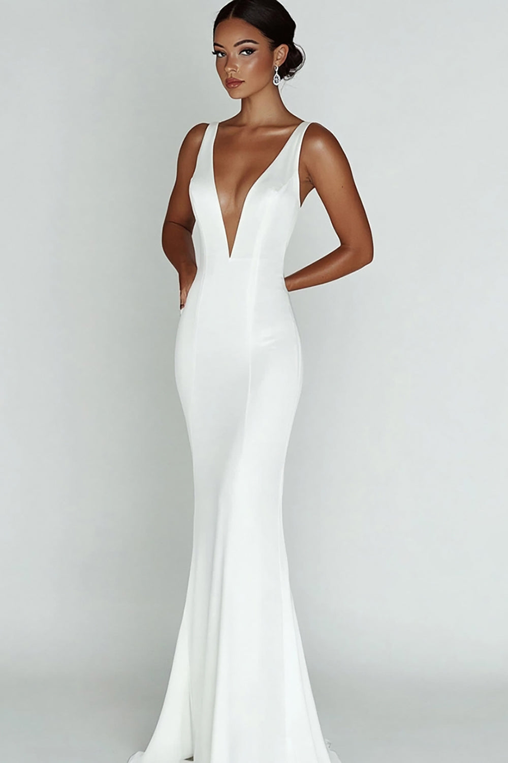 White Sheath Deep V-Neck Sleeveless Long Rehearsal Dinner Dress