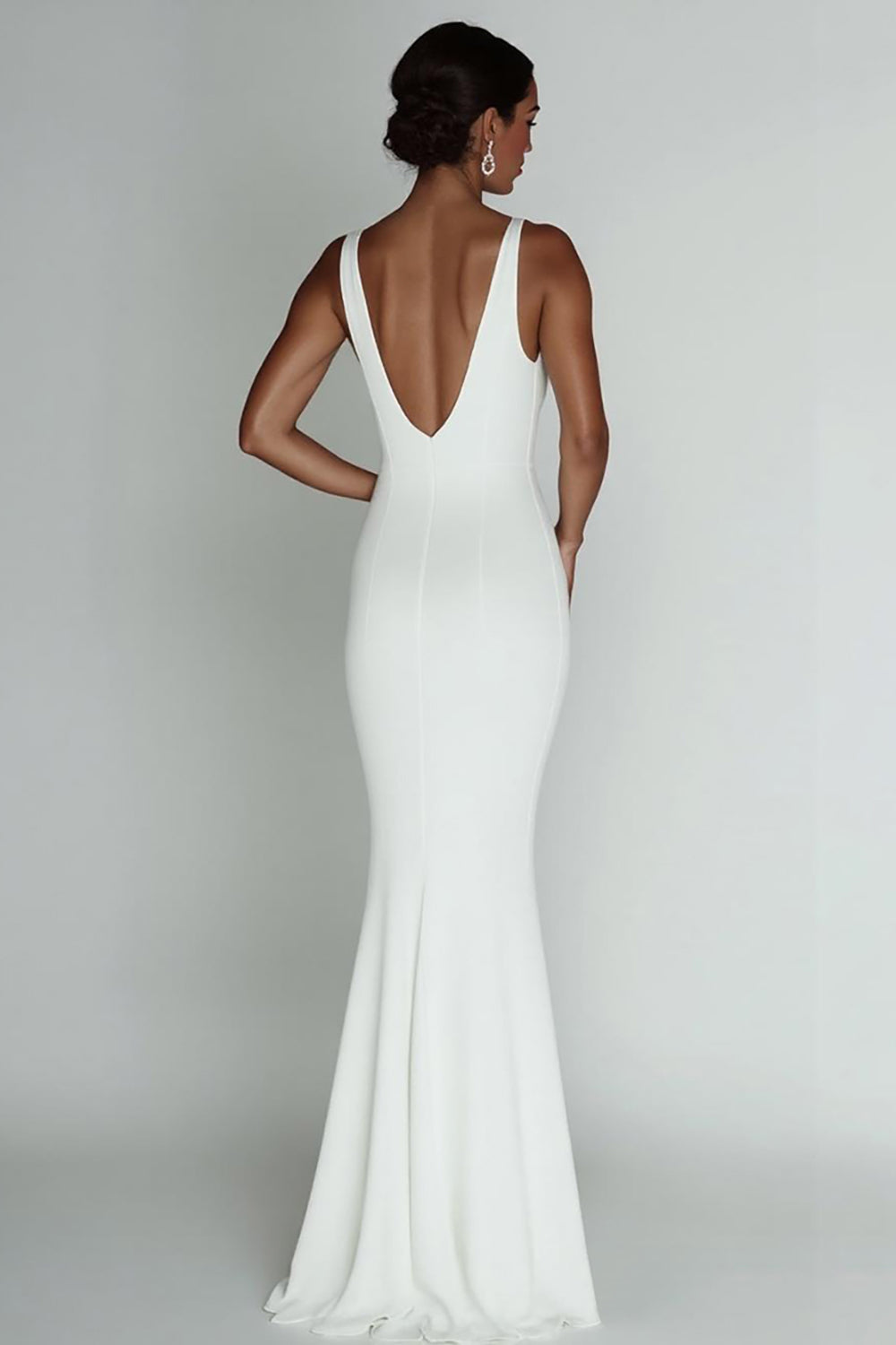 White Sheath Deep V-Neck Sleeveless Long Rehearsal Dinner Dress