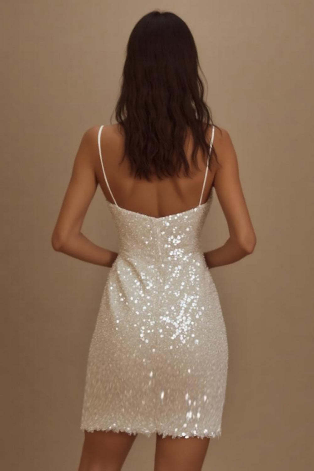 Sparkly Sequined Bodycon Spaghetti Straps Little White Dress