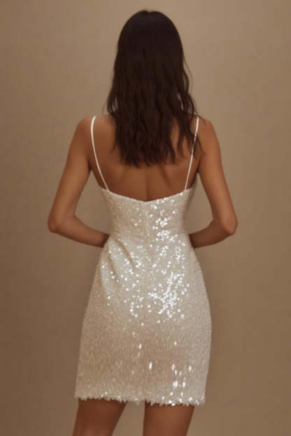 Sparkly Sequined Bodycon Spaghetti Straps Little White Dress