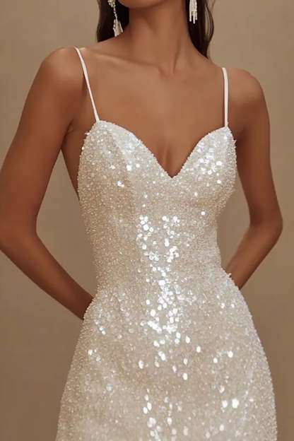 Sparkly Sequined Bodycon Spaghetti Straps Little White Dress
