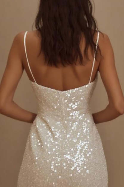 Sparkly Sequined Bodycon Spaghetti Straps Little White Dress