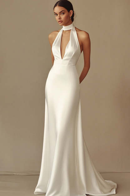 Leely Women Sheath White Satin Maxi Rehearsal Dinner Dress Halter Keyhole Sleeveless Engagement Dress