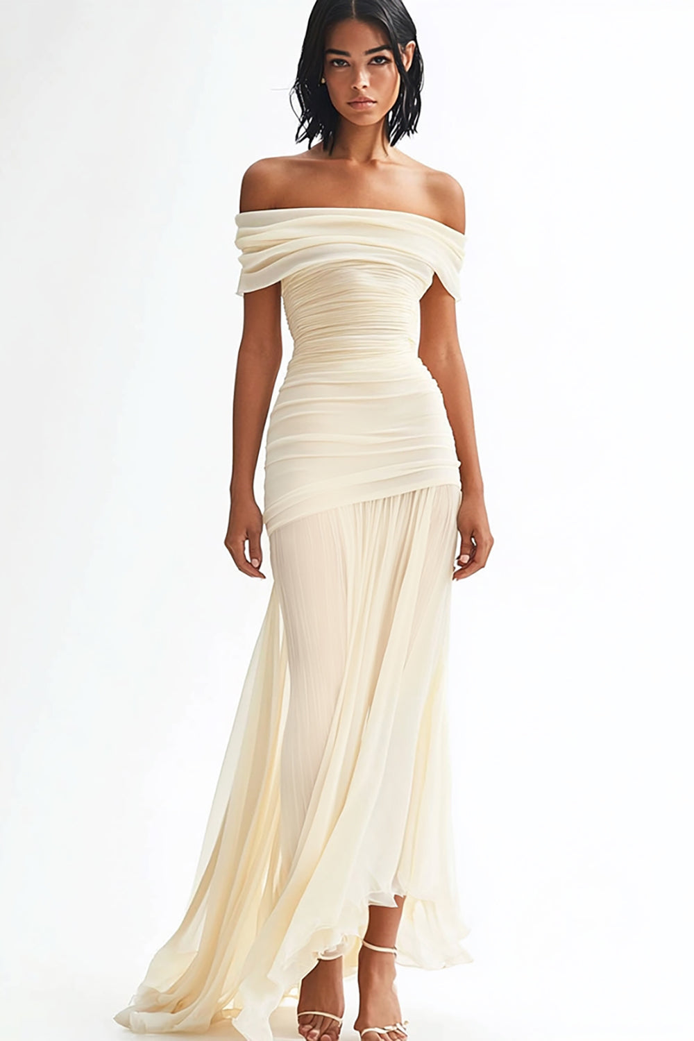 Ivory Sheath Off the Shoulder Ruched Long Rehearsal Dinner Dress