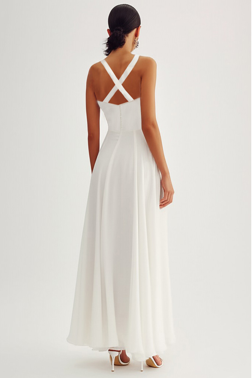 White A Line Chiffon Ruched Long Rehearsal Dinner Dress