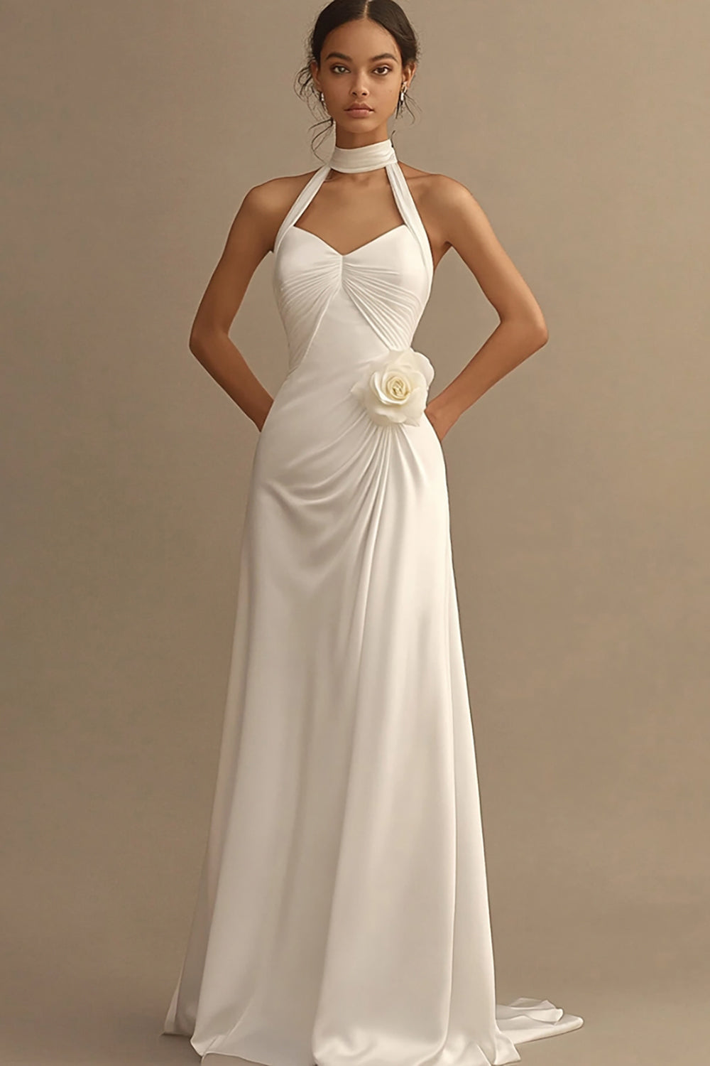 White A Line Chiffon Halter Long Rehearsal Dinner Dress with 3D Flower
