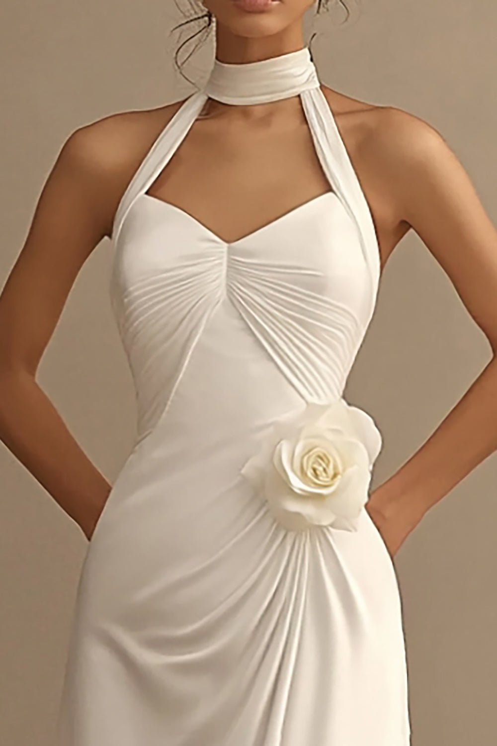 White A Line Chiffon Halter Long Rehearsal Dinner Dress with 3D Flower