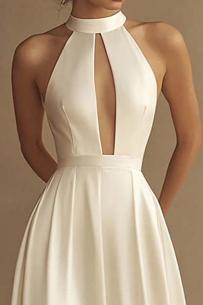 White Halter A Line Satin Keyhole Long Rehearsal Dinner Dress