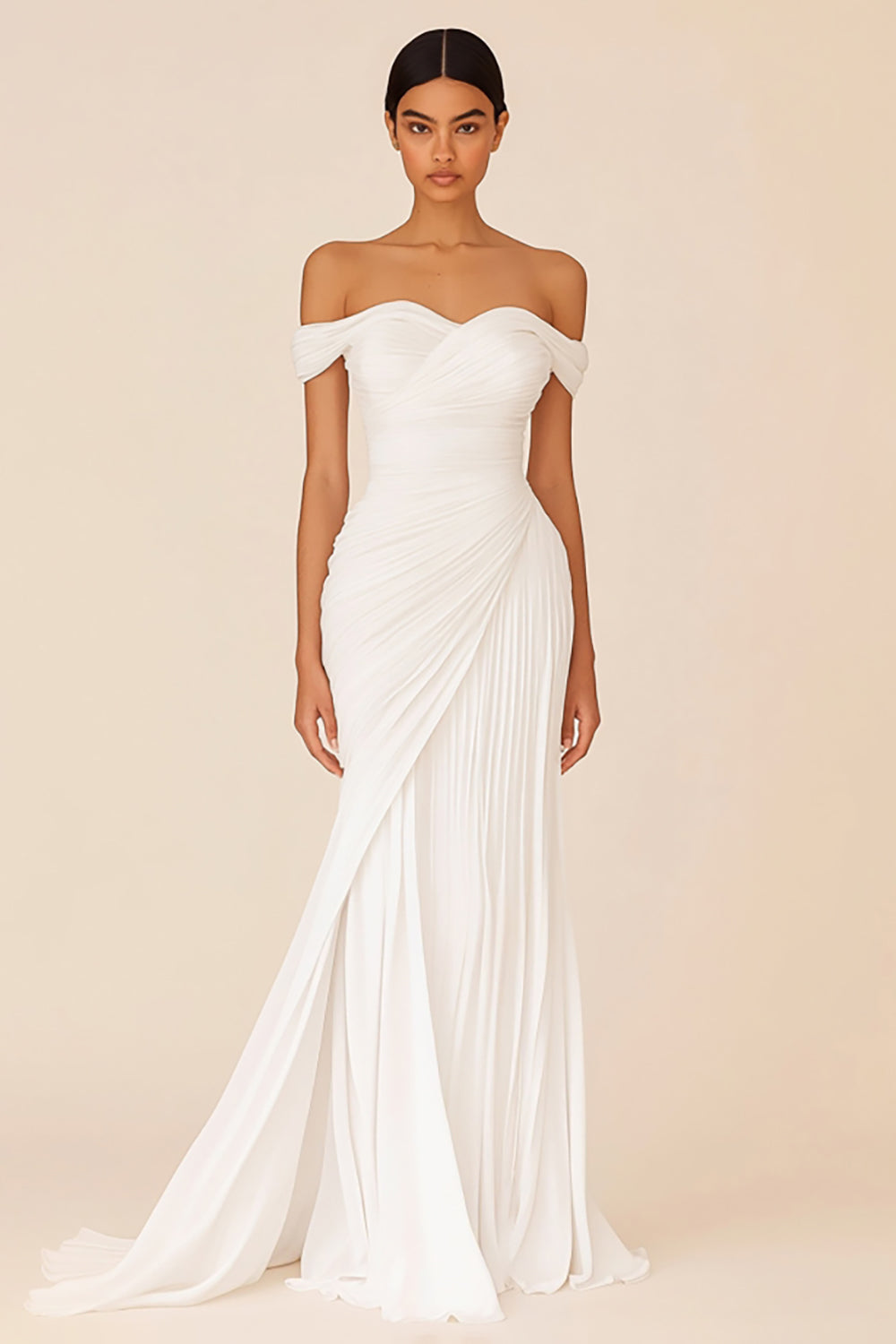 White Pleated Sheath Off the Shoulder Long Rehearsal Dinner Dress