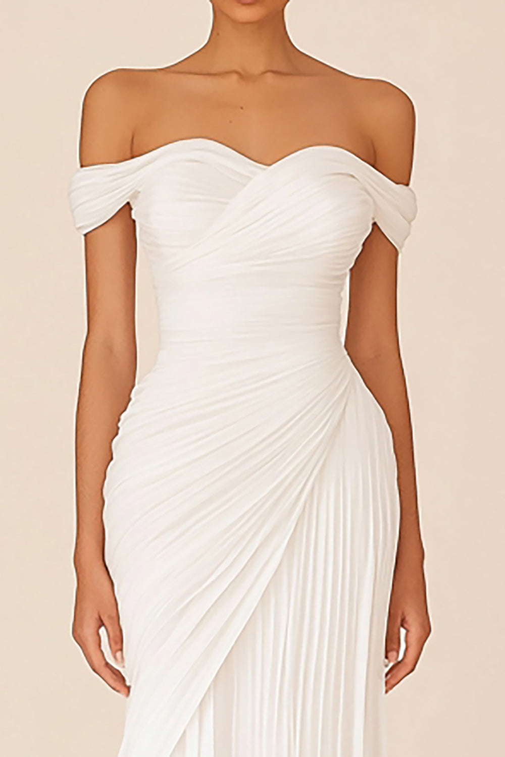 White Pleated Sheath Off the Shoulder Long Rehearsal Dinner Dress