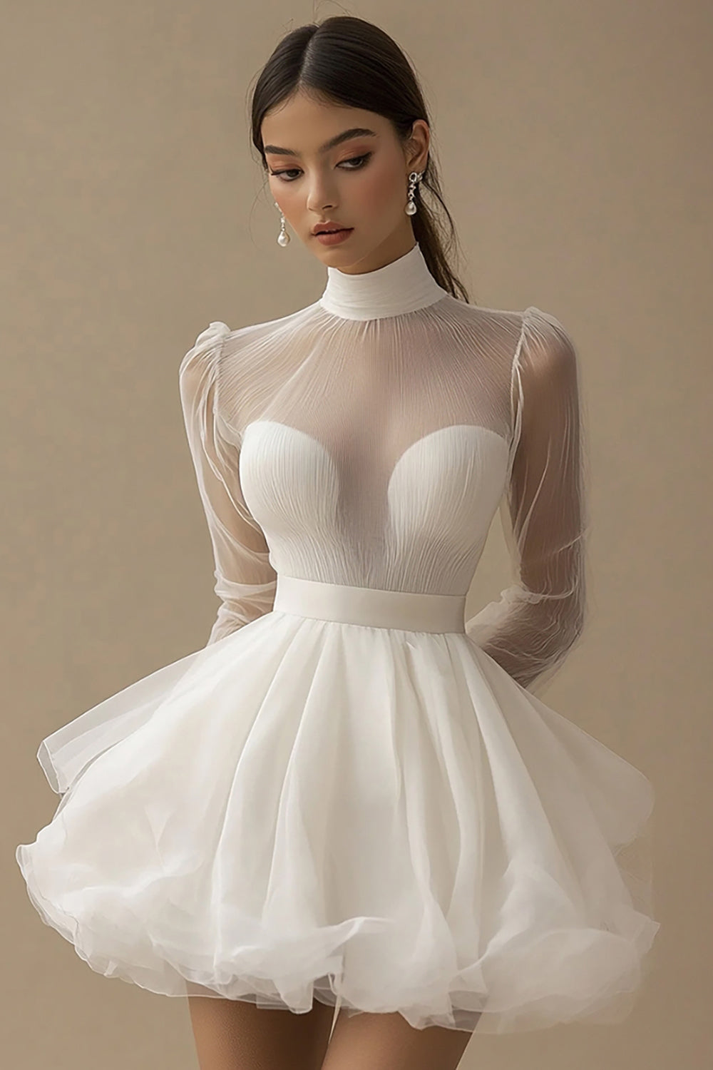Tulle Ruffled Halter A-Line Little White Dress with Long Sleeves