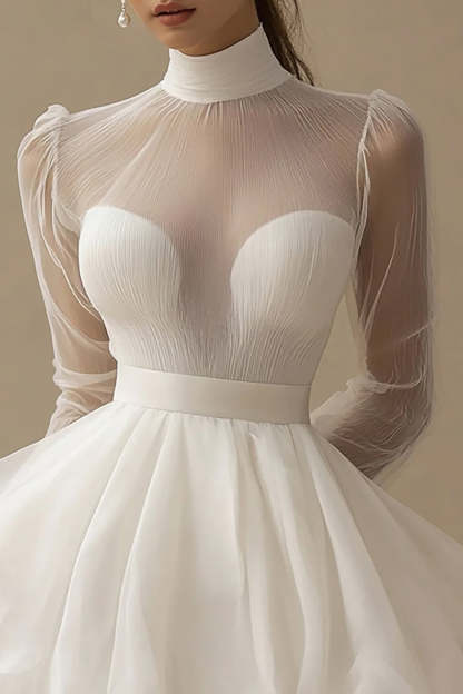 Tulle Ruffled Halter A-Line Little White Dress with Long Sleeves
