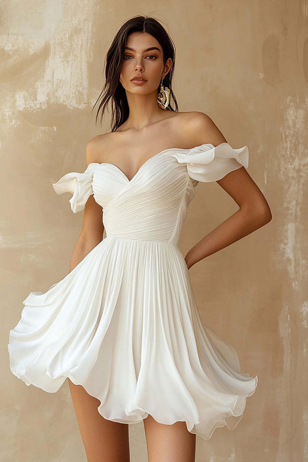 Leely Women A Line Chiffon Sweetheart Mini Little White Dress with Ruffles Off the Shoulder Pleated Graduation Dress