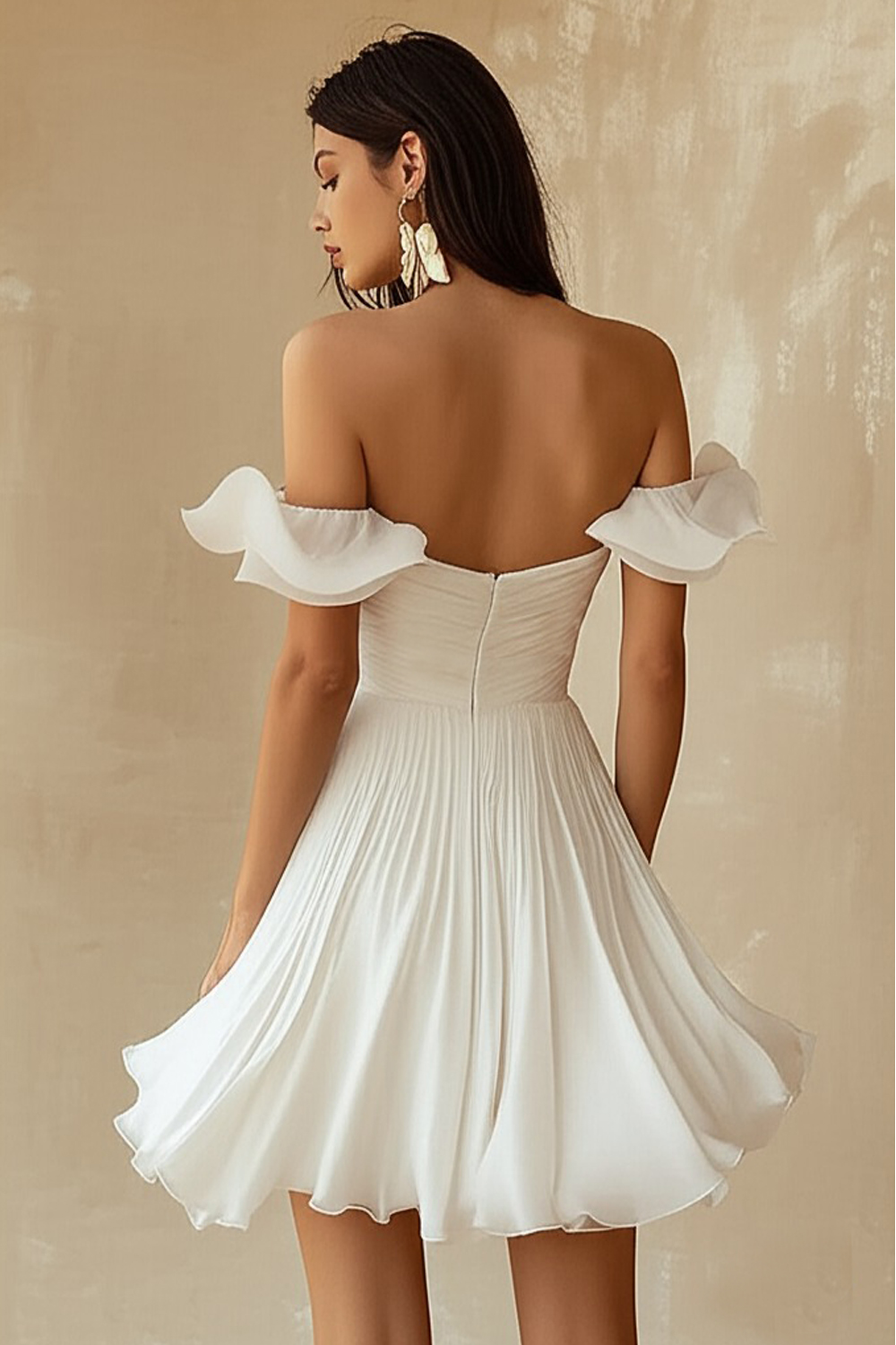 Chiffon Pleated A Line Off the Shoulder Mini Little White Dress with Ruffles