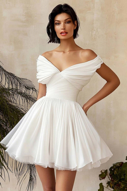 Leely Women A Line Chiffon Mini Little White Dress with Ruffles Off the Shoulder Pleated Graduation Dress