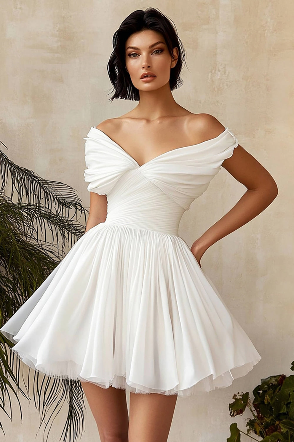 Chiffon V Neck Pleated A Line Mini Little White Dress