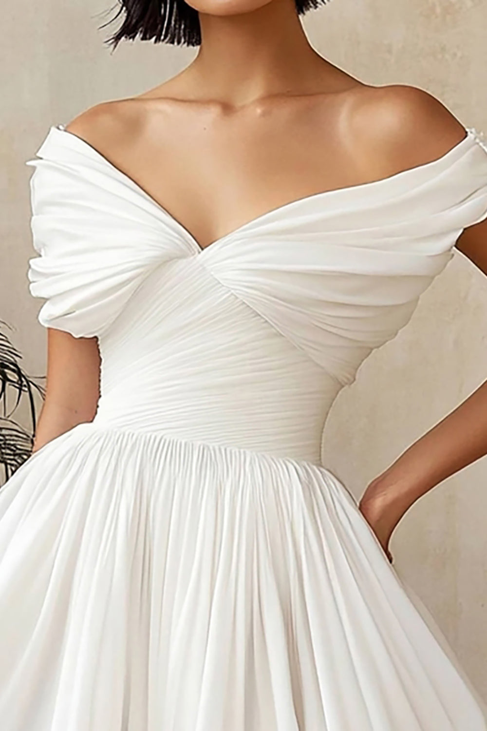 Chiffon V Neck Pleated A Line Mini Little White Dress
