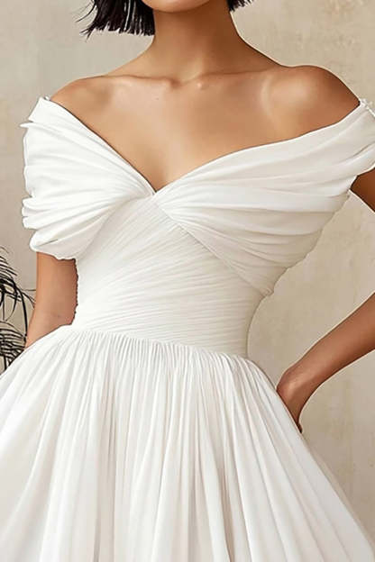 Chiffon V Neck Pleated A Line Mini Little White Dress