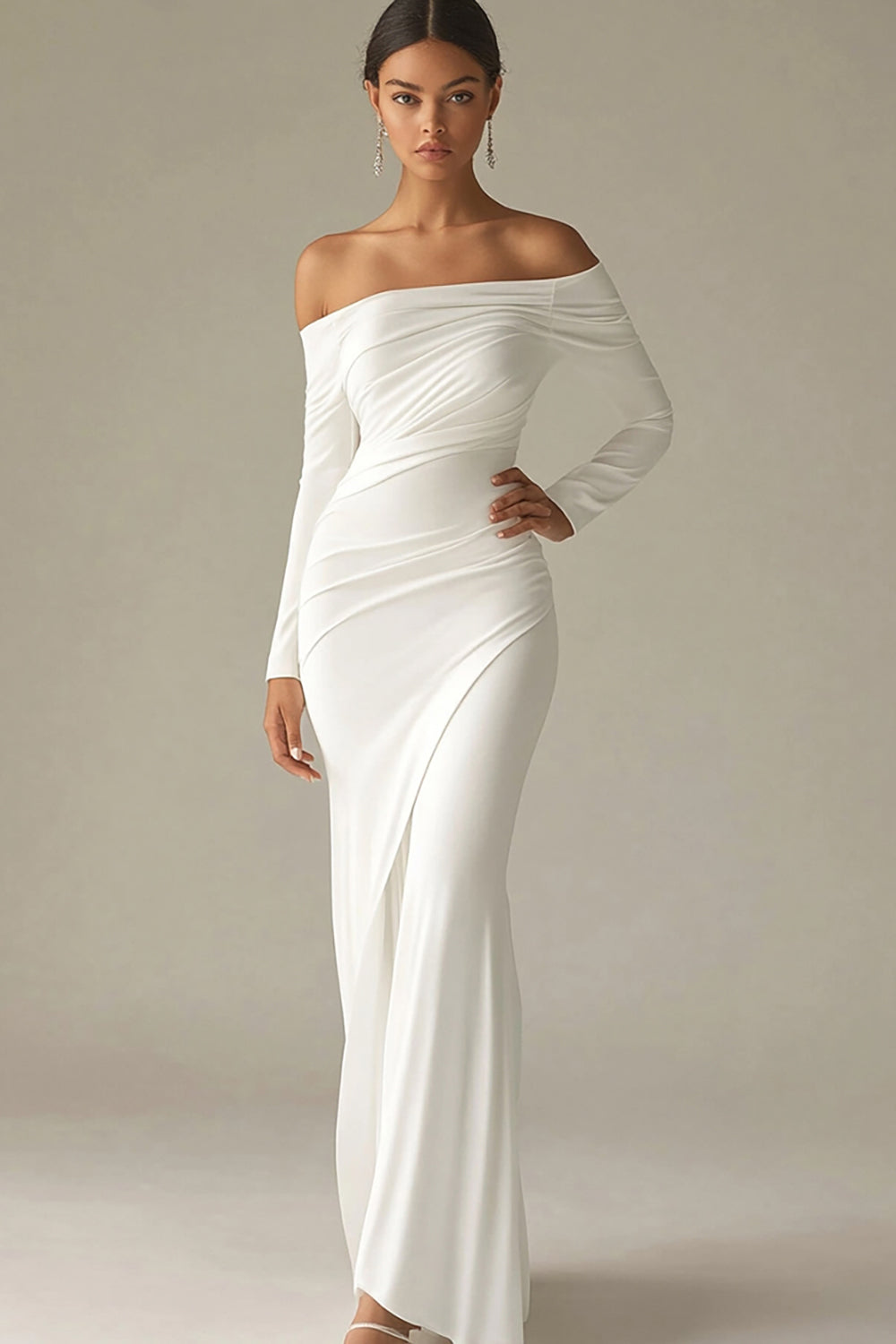 White Chiffon Off the Shoulder Sheath Long Sleeves Rehearsal Dinner Dress