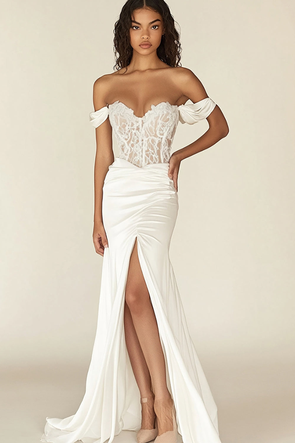 White Mermaid Satin Sweetheart Long Rehearsal Dinner Dress with Slit