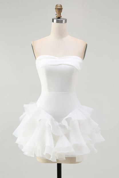 A Line Strapless Ruffled Mini Little White Dress