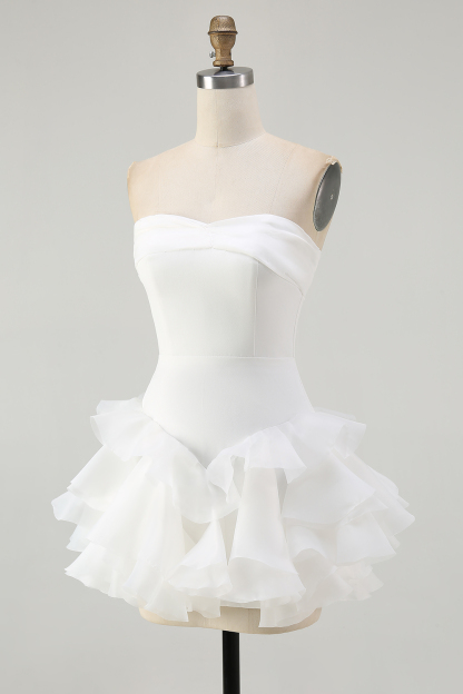 White A Line Ruffled Strapless Mini Little White Dress