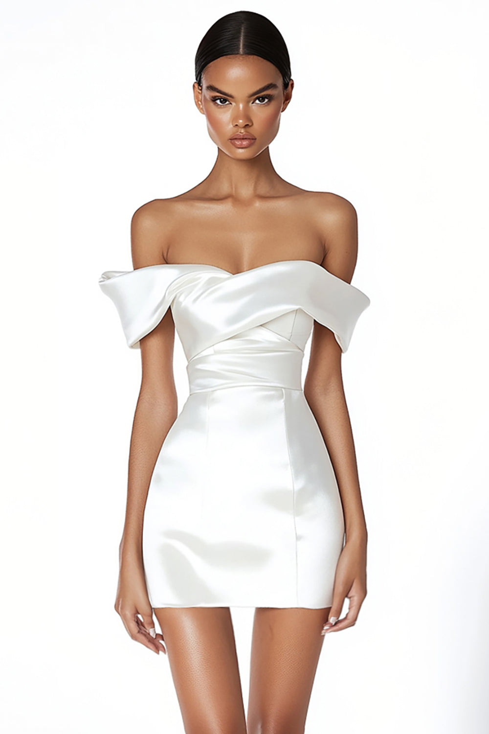 Satin Ruched Off the Shoulder Bodycon Mini Little White Dress