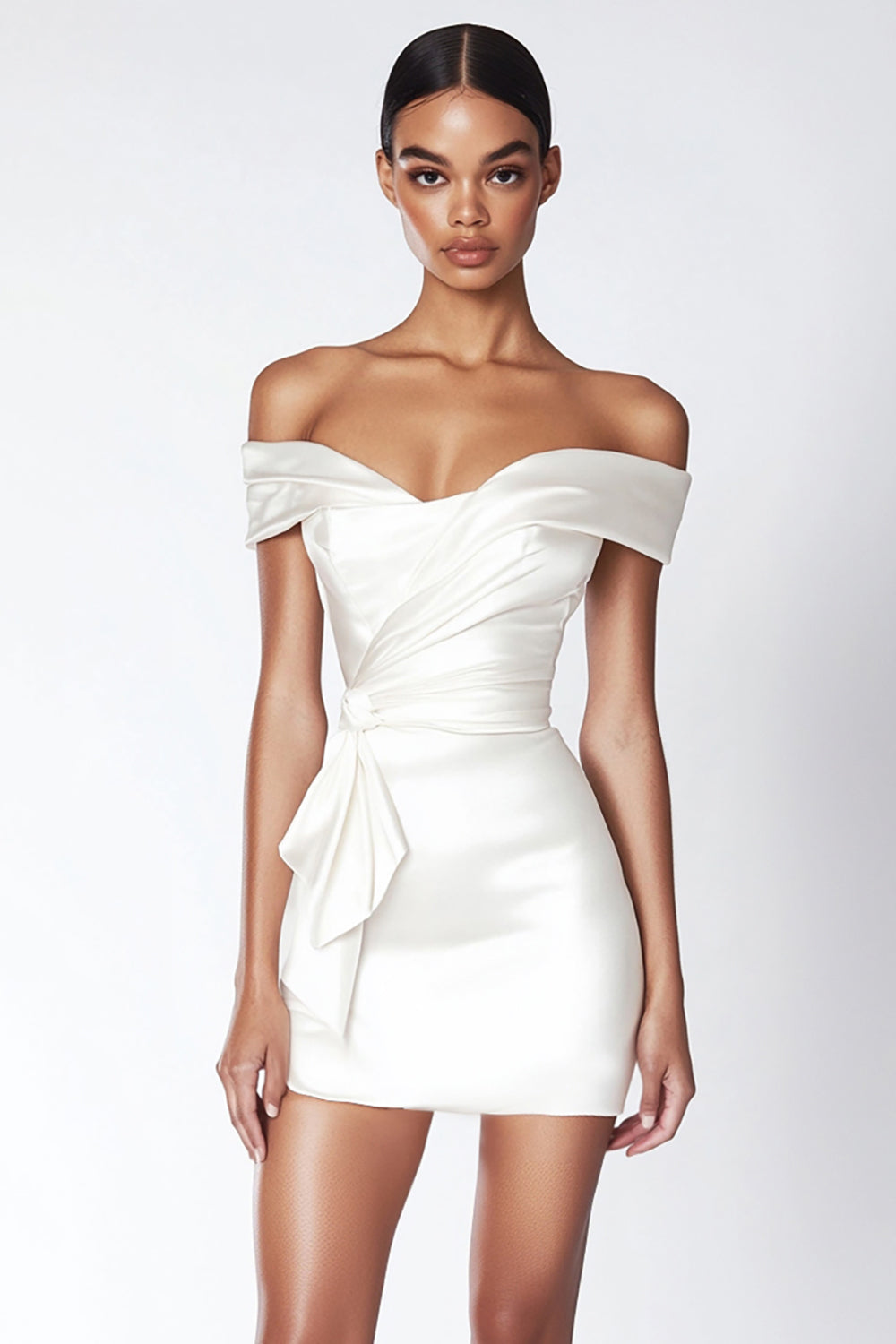 Mini Bodycon Satin Ruched Off the Shoulder Little White Dress with Ruffles