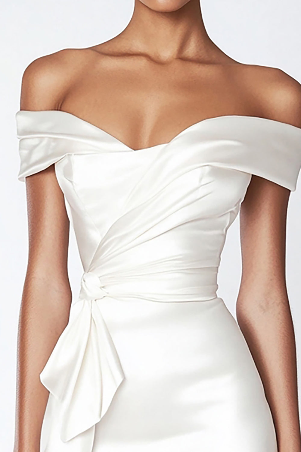 Mini Bodycon Satin Ruched Off the Shoulder Little White Dress with Ruffles