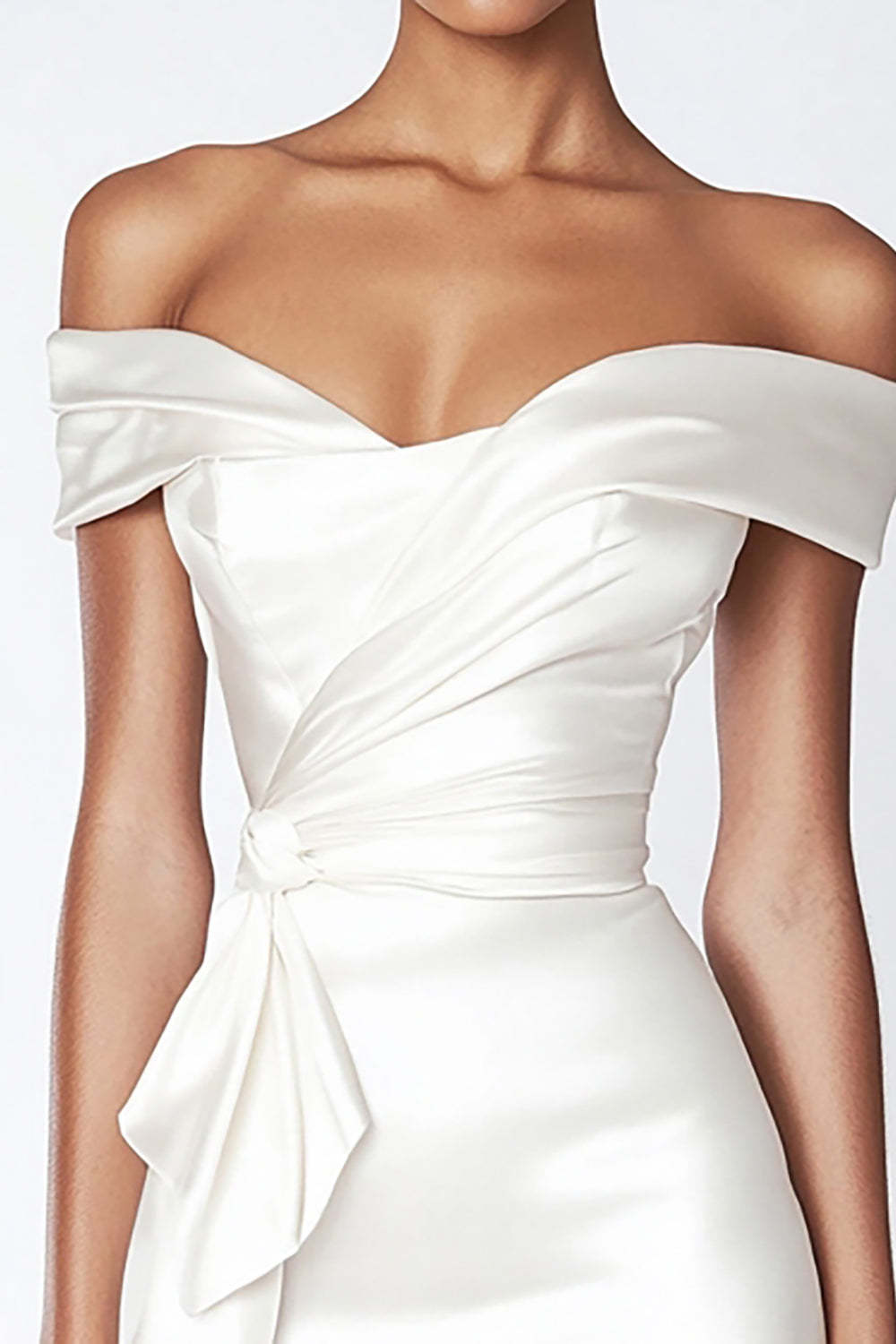 Mini Bodycon Satin Ruched Off the Shoulder Little White Dress with Ruffles