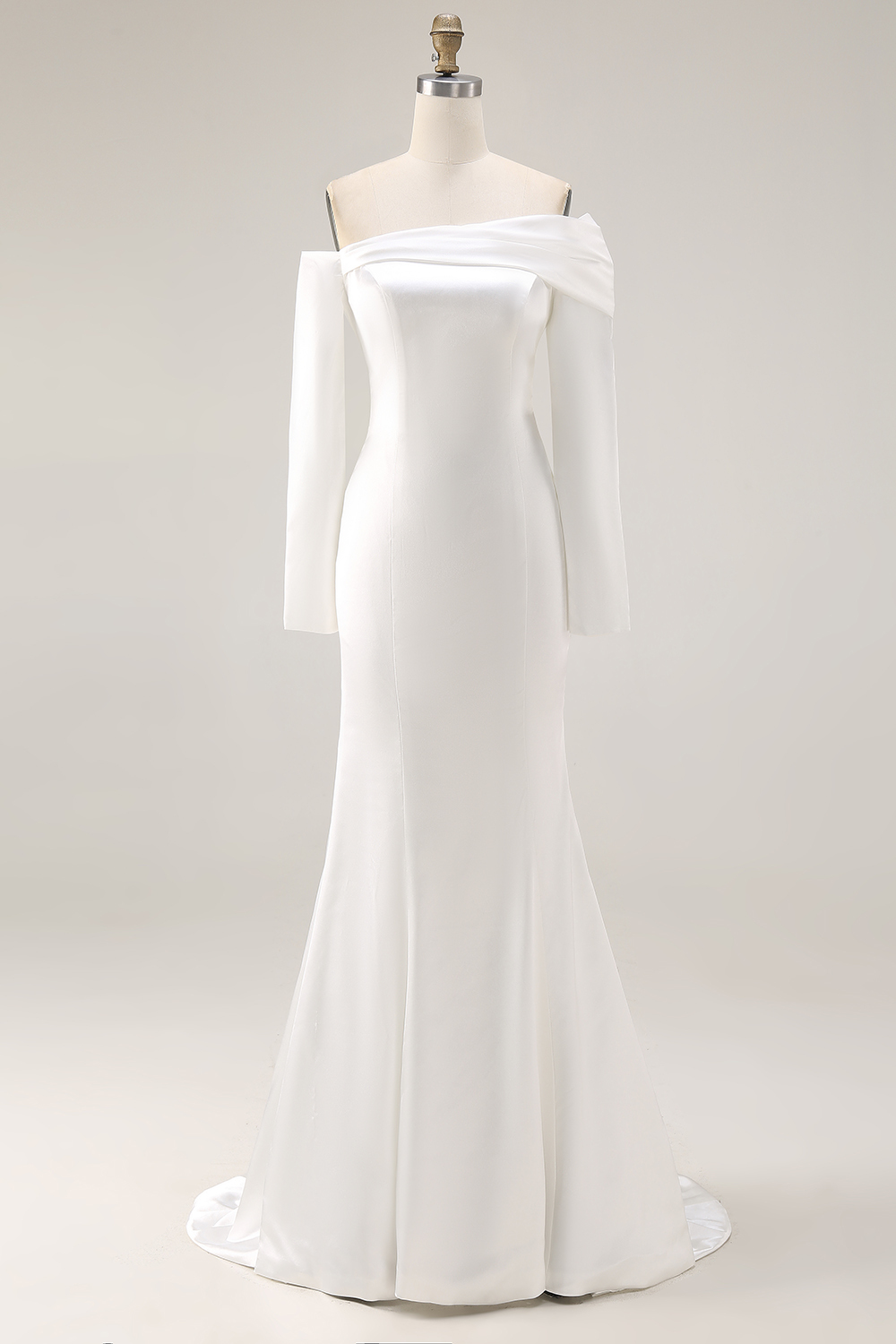 White Satin Off the Shoulder Sheath Maxi Rehearsal Dinner Dress with Sleeves