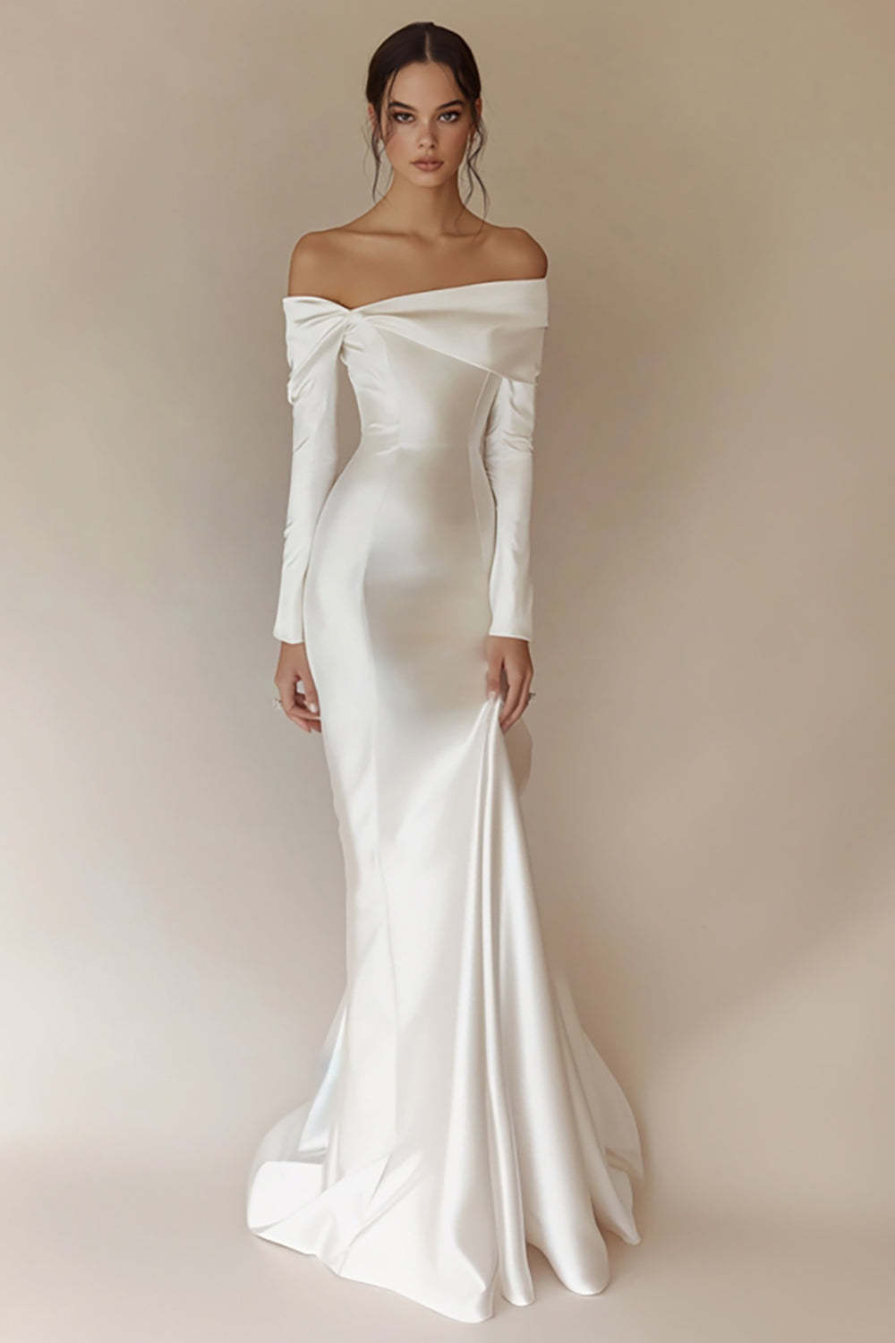 Leely Women Sheath White Satin Maxi Rehearsal Dinner Dress with Long Sleeves Off the Shoulder Engagement Dress