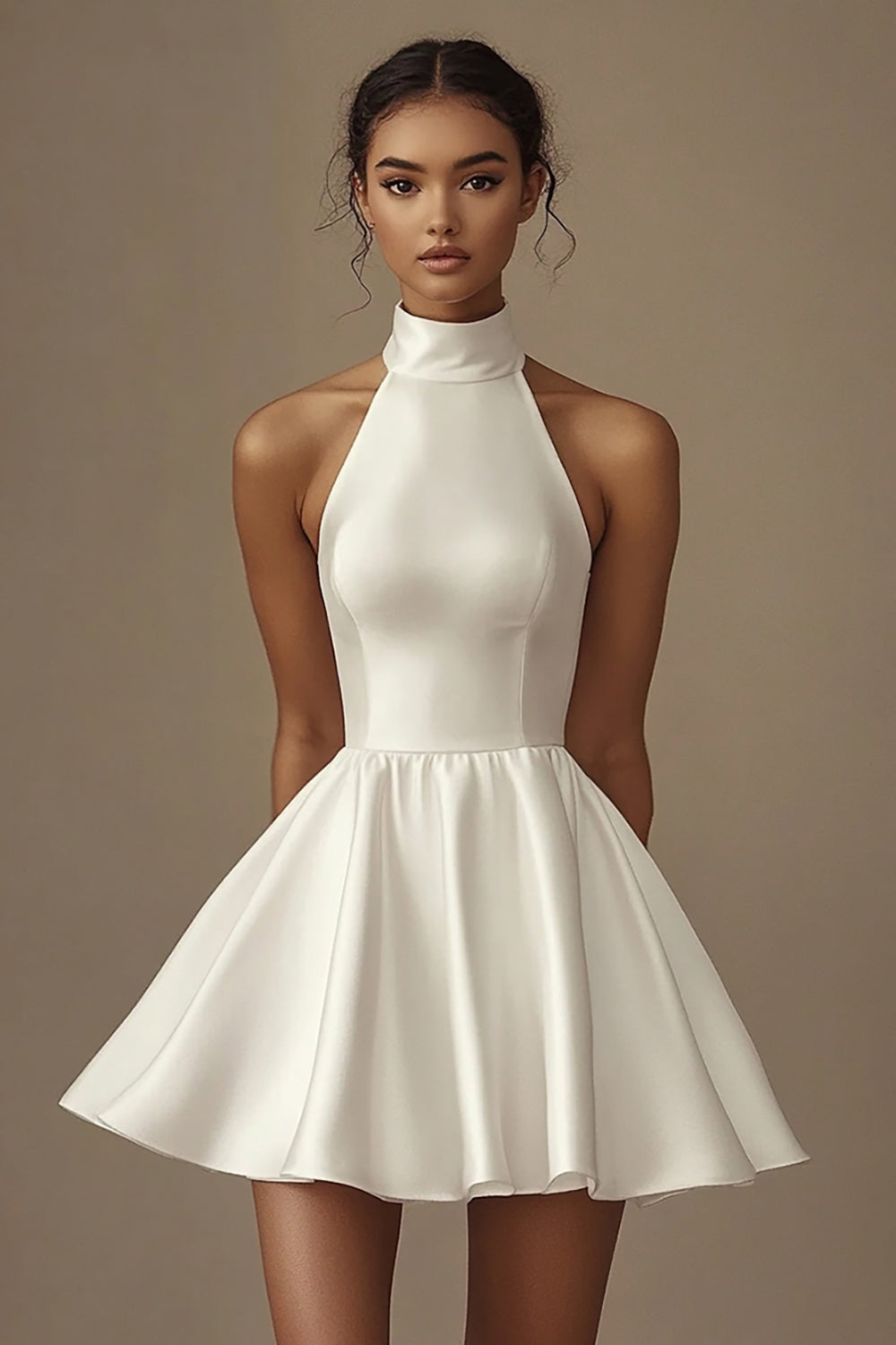 Leely Women A Line Satin Mini Little White Dress Sleeveless Halter Pleated Graduation Dress