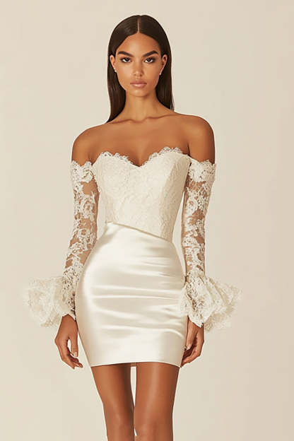 Leely Women Satin Bodycon Off the Shoulder Little White Dress Lace Long Sleeves Sweetheart Graduation Dress