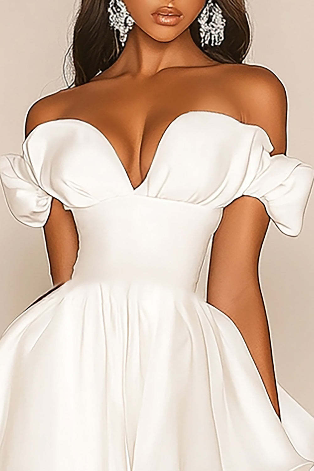 White A Line Off the Shoulder Ruffled Satin Mini Graduation Dress