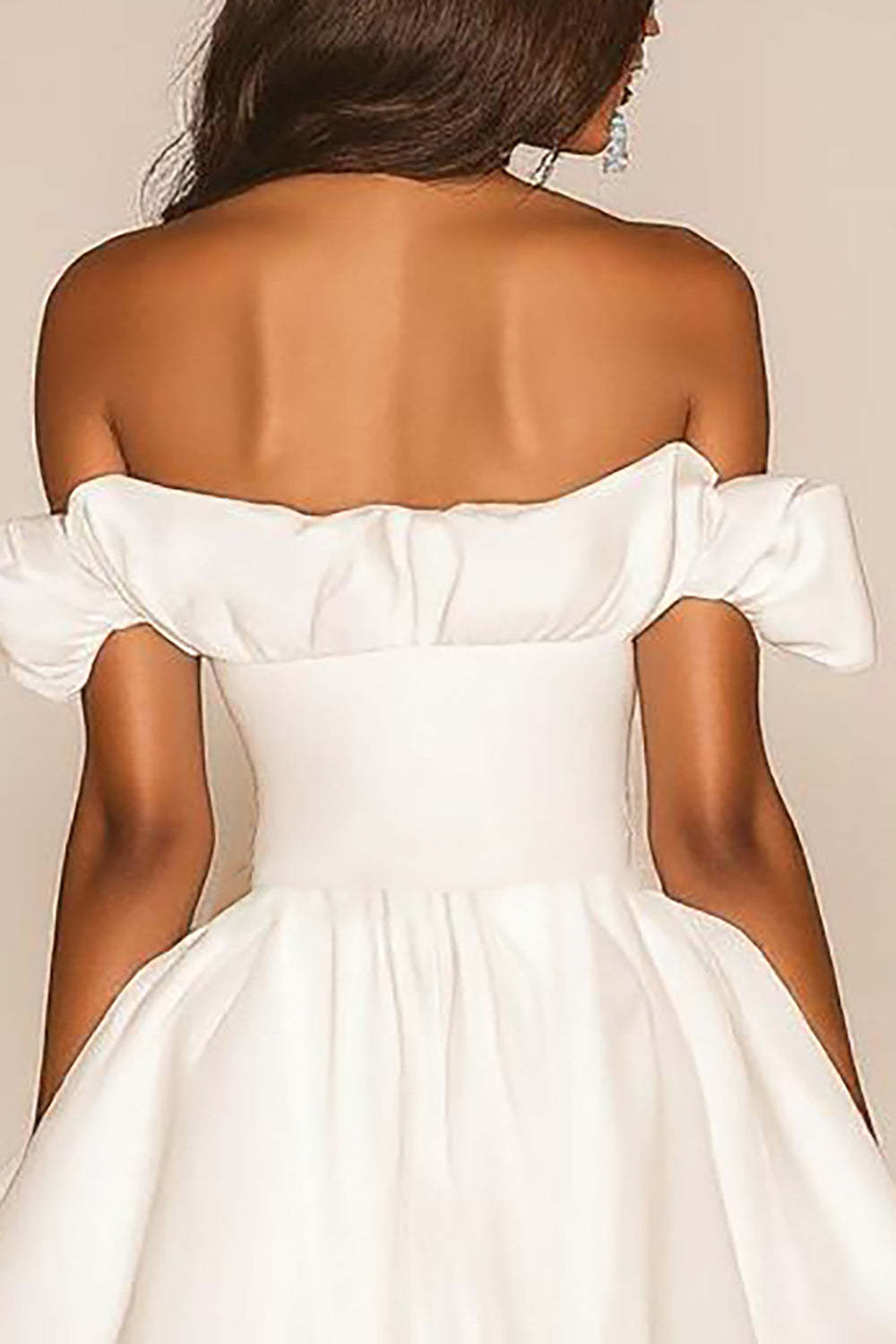 White A Line Off the Shoulder Ruffled Satin Mini Graduation Dress
