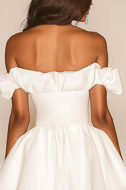 White A Line Off the Shoulder Ruffled Satin Mini Graduation Dress