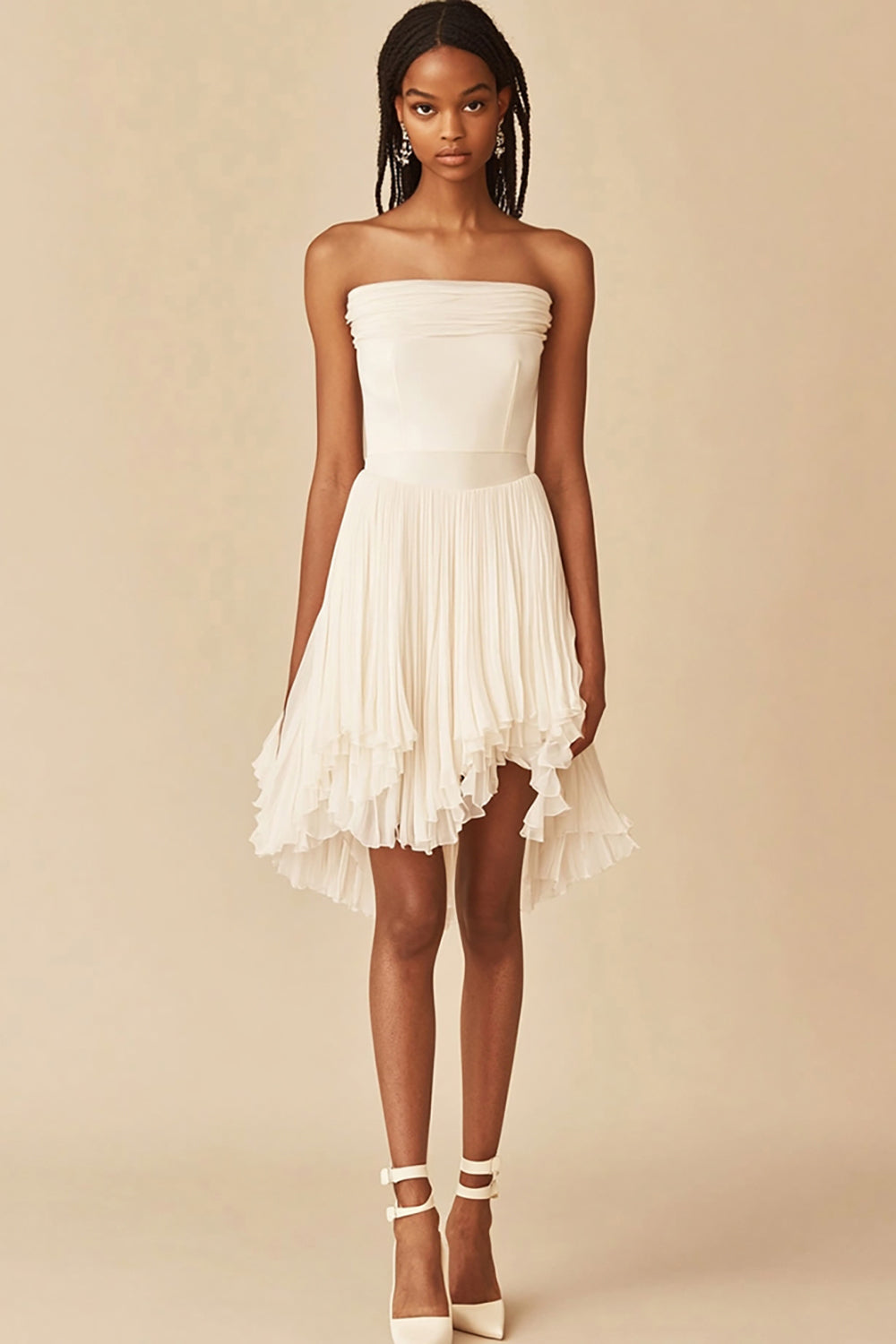 White Strapless A Line Pleated Graduation Dress with Ruffles