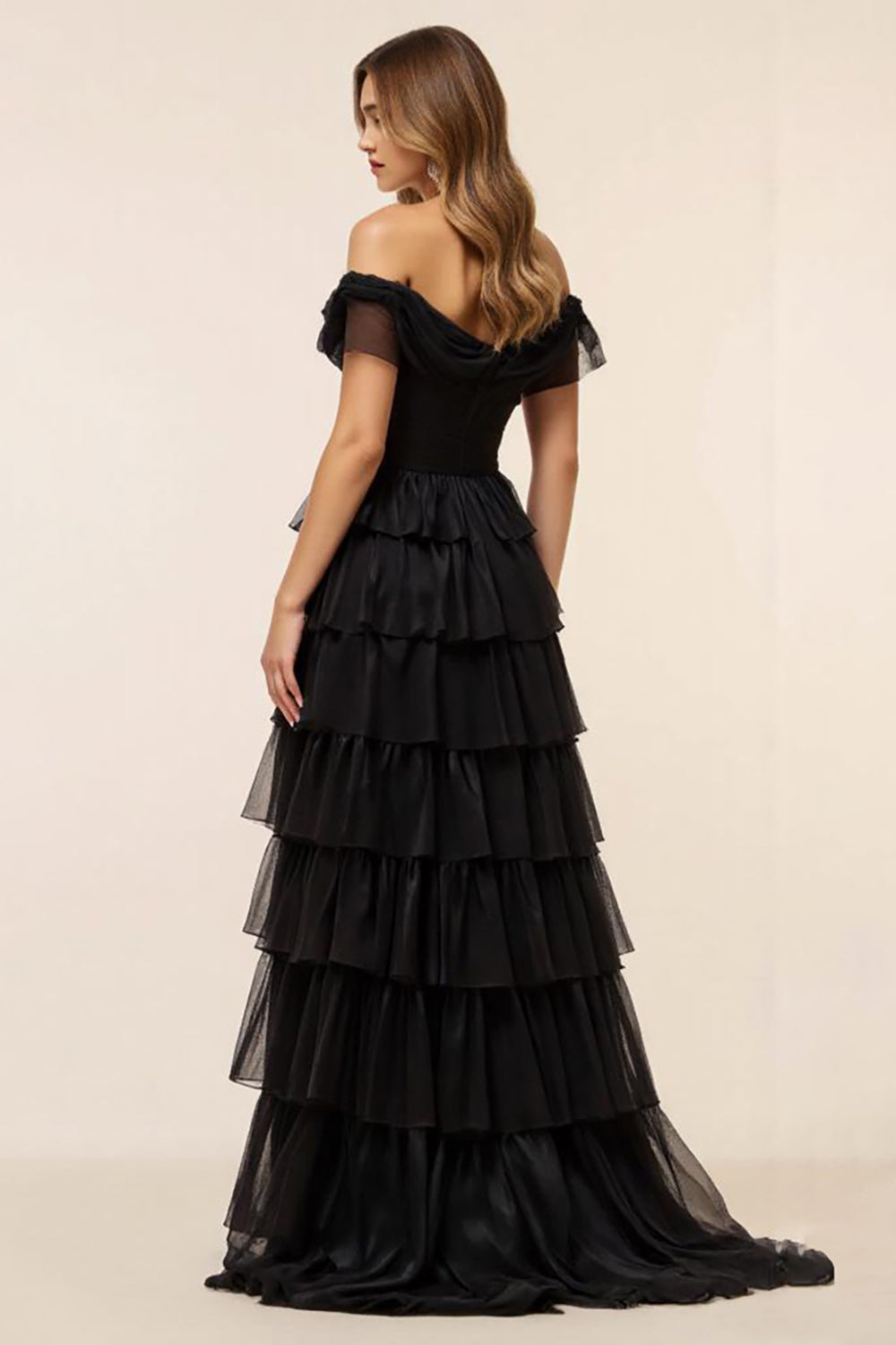 Chiffon A Line Tiered Long Black Formal Dress with Slit