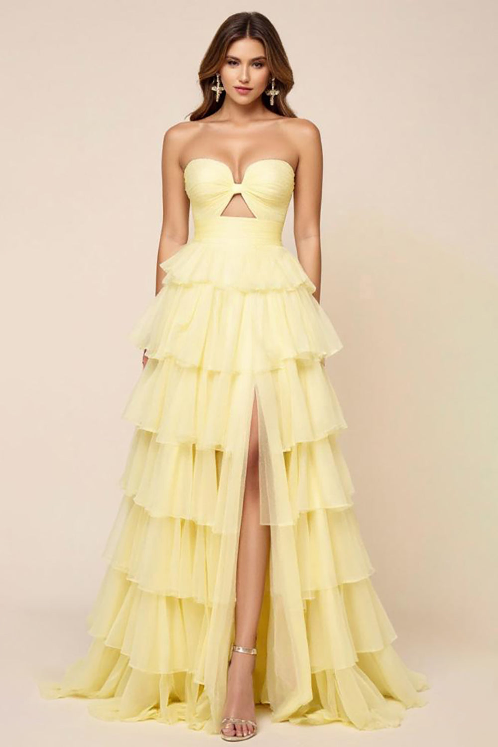 Daffodil Ball Gown Tulle Cut Out Tiered Long Prom Dress with Slit