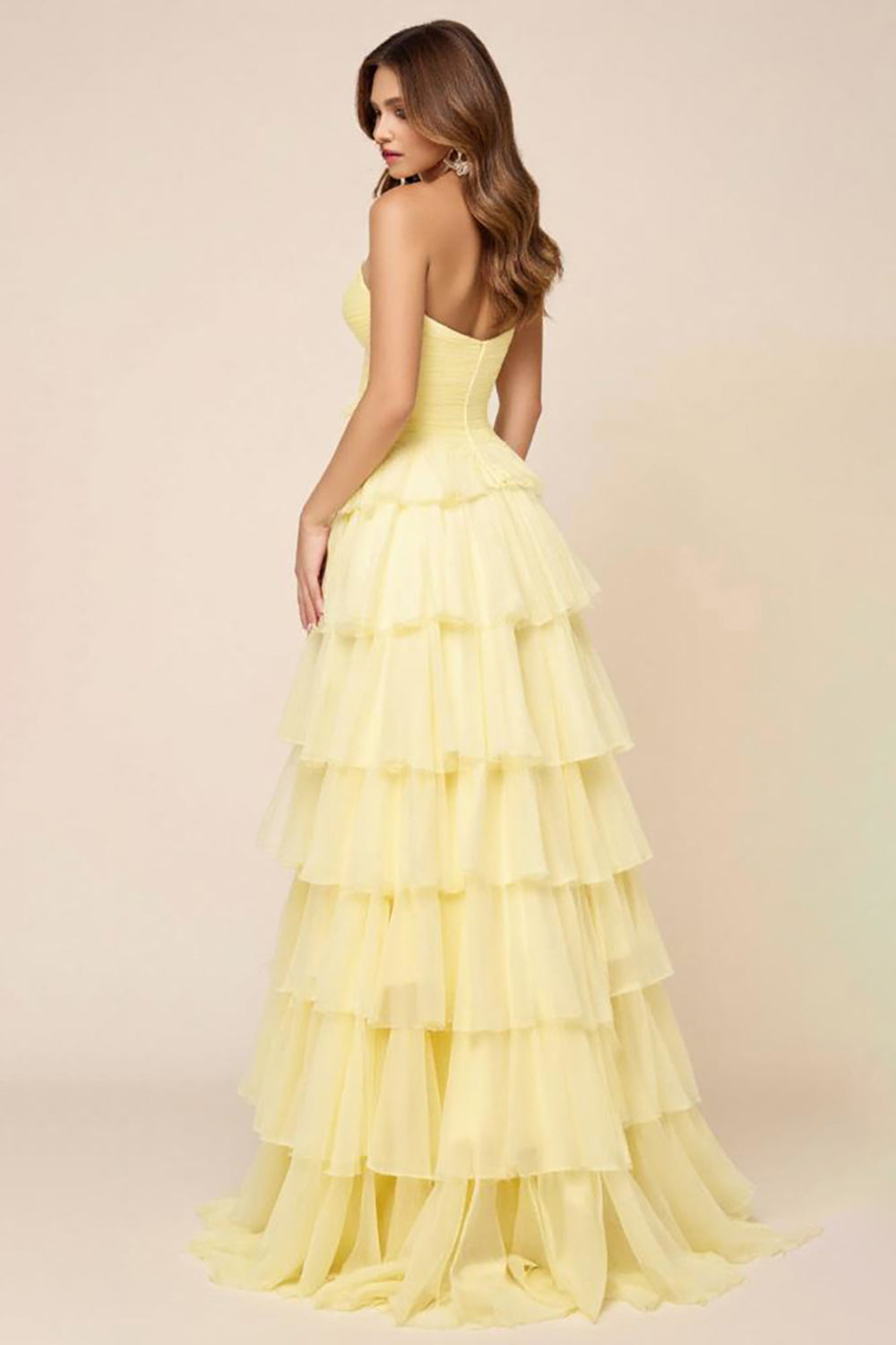 Daffodil Ball Gown Tulle Cut Out Tiered Long Prom Dress with Slit