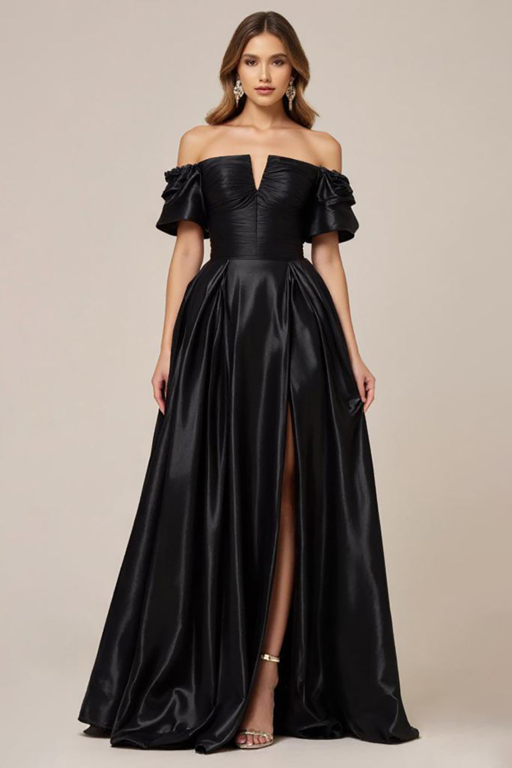 Leely Women Satin A Line Long Formal Dress with Slit Off the Shoulder Short Sleeves Black Tie Dress