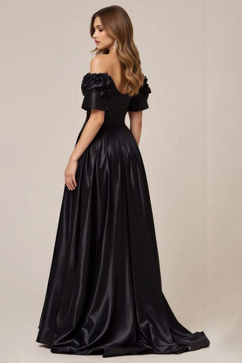 A Line Off the Shoulder Satin Long Black Tie Dress with Slit