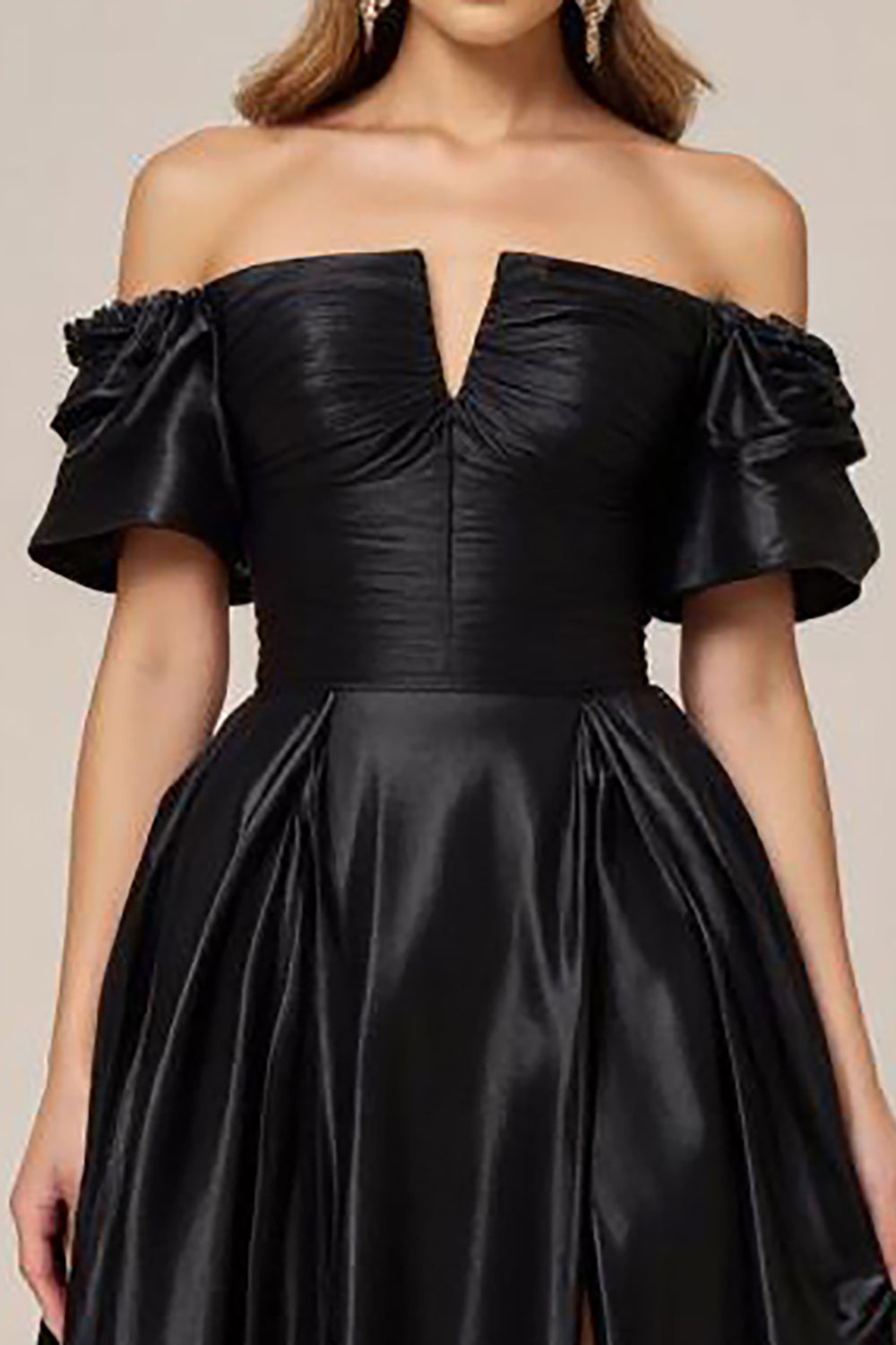 A Line Off the Shoulder Satin Long Black Tie Dress with Slit