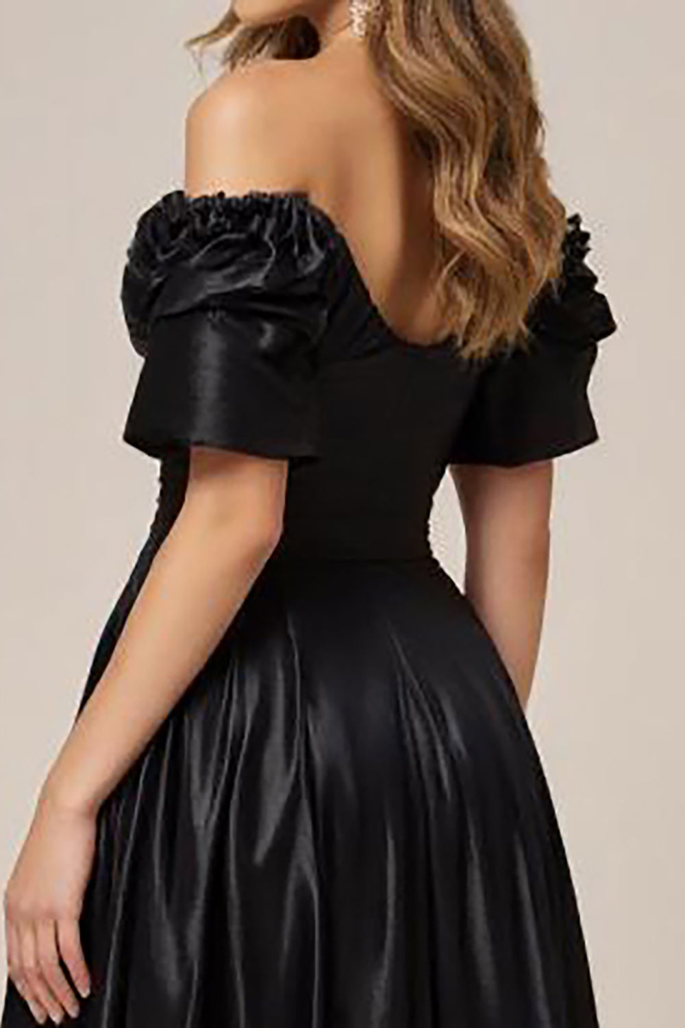 A Line Off the Shoulder Satin Long Black Tie Dress with Slit