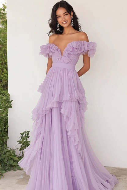 Lilac Chiffon Off the Shoulder A Line Long Prom Dress with Ruffles Bridesmaid Dress Wedding guets dress