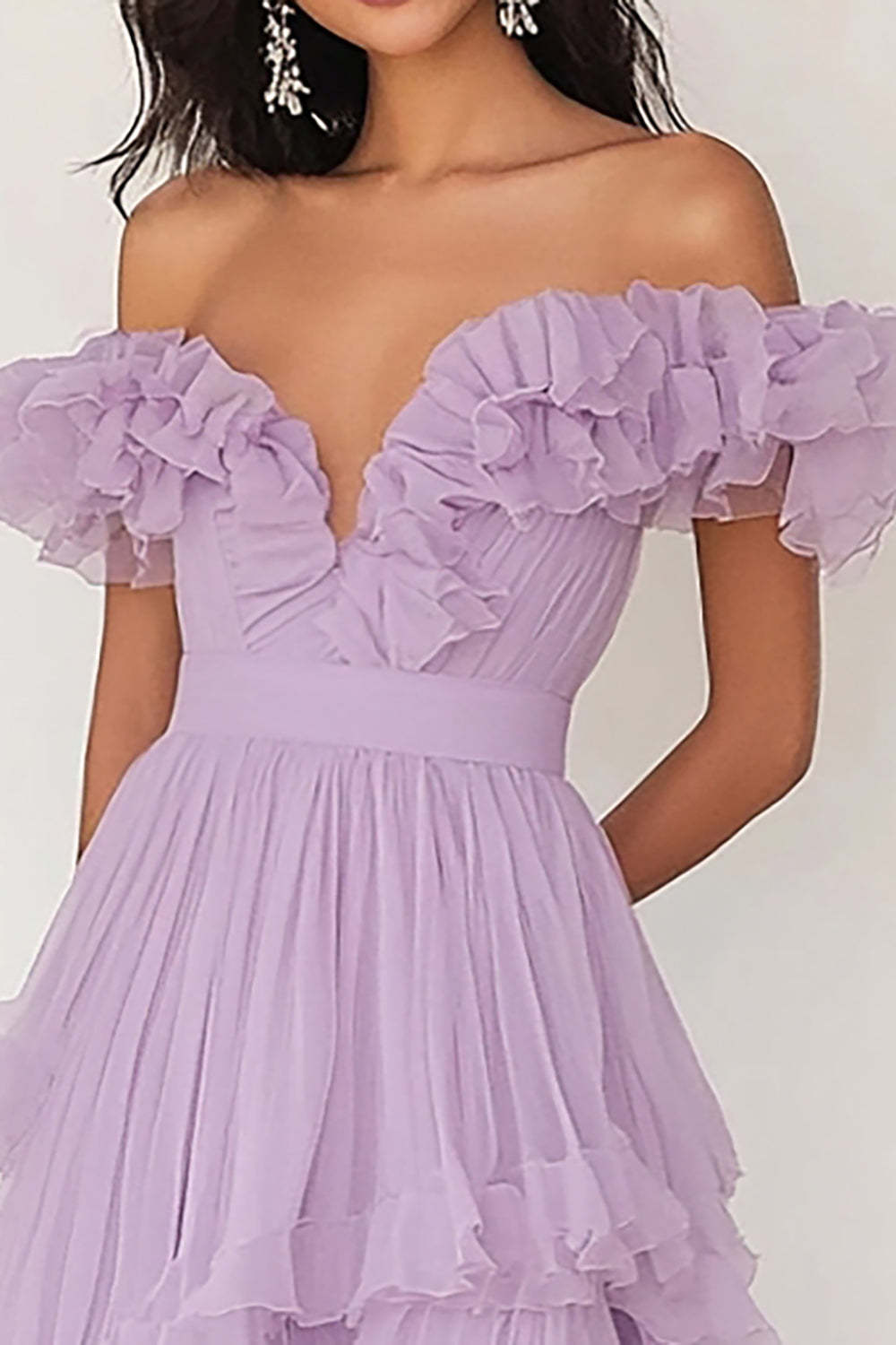 Lilac Chiffon Off the Shoulder A Line Long Prom Dress with Ruffles
